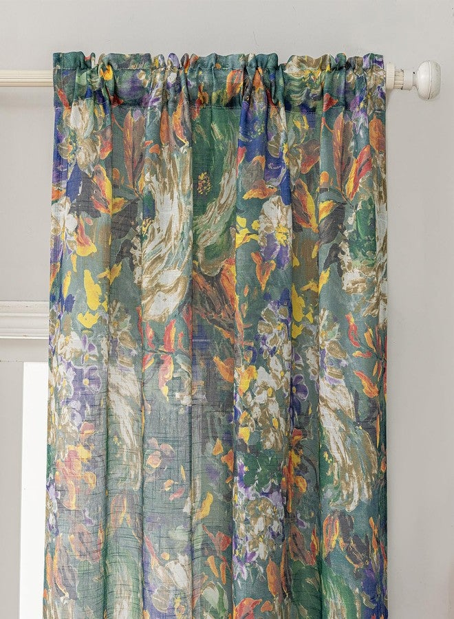SUOUO Vintage Floral Semi-Sheer Curtains Linen Textured for Living Room Patterned Green Painting Flower 84 inches Long Rod Pocket Light Filtering Window Drapes for Bedroom Dining 2 Panels - Image 3